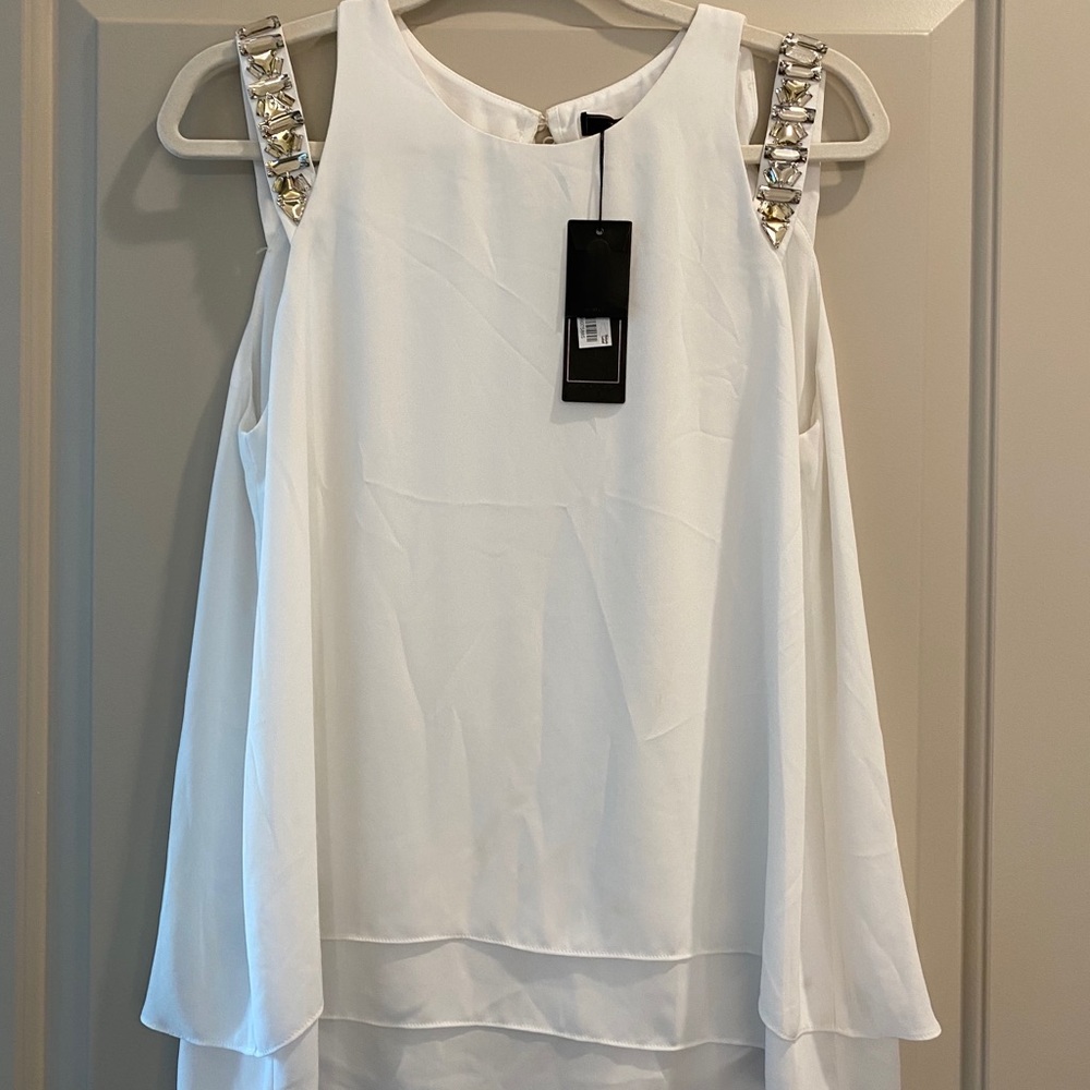 BCBG white sleeveless top